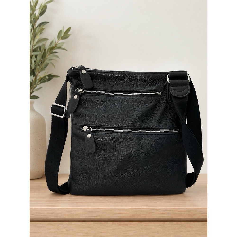 Margot Genuine Pebbled Leather Black Crossbody Bag Multi Zip Purse